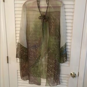 Jendela Batik Sheer Jewel Tones Bird Beaded Abstract Design Neck Sash Cover-Up